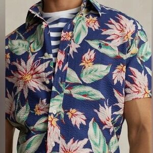 POLO RALPH LAUREN CLASSIC FIT FLORAL SEERSUCKER SHIRT MENS XL BLUE TROPICAL NEW